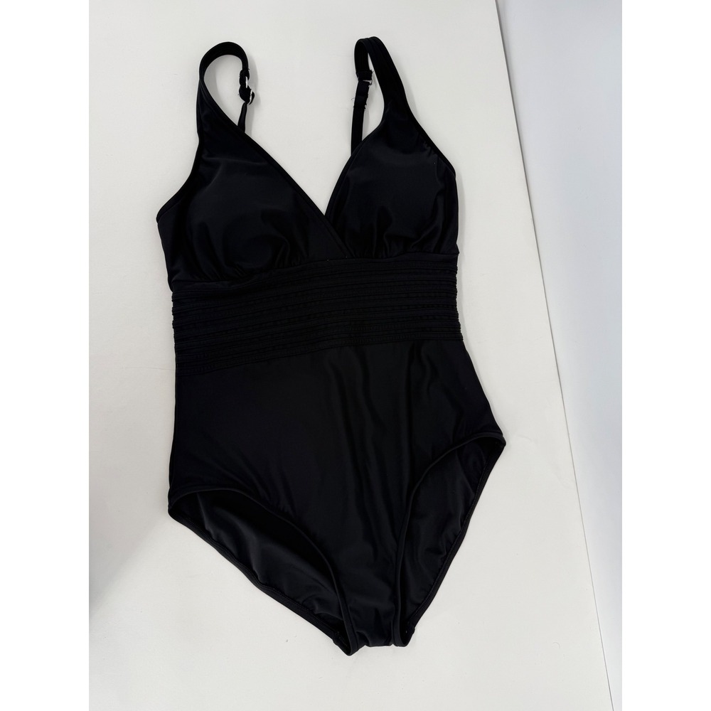 Aqua Green Womens Black‎ One Piece Swimsuit Ruched Tummy Control V-Neck Sz L